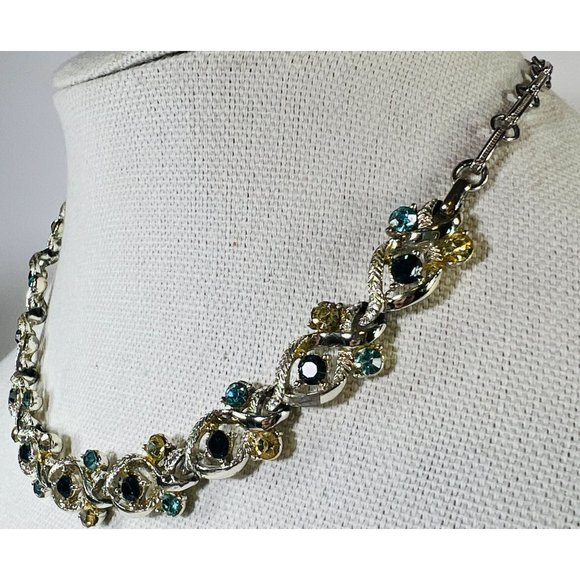 Vtg Coro Eyes Silver-Tone Necklace With Two-Tone Blue & Yellow Rhinestones READ - Picture 1 of 7